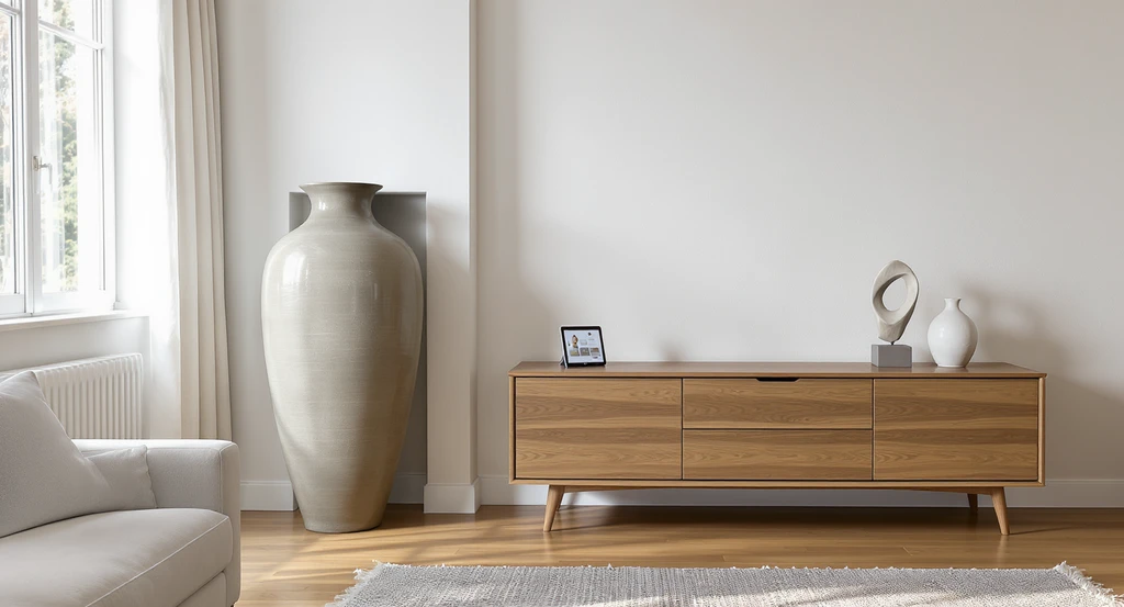 Photorealistic living room corner demonstrating awkward dead space with decor too large and too small, showcased with a virtual staging tool on a laptop. AI tools for decorating awkward spaces, how to visualize dead space with ai, virtual staging solutions for home dead zones, architectural improvements using ai home design software.