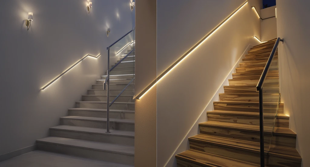 Modern staircase showing incorrect lighting with harsh glare and shadows from uneven LED strips versus ideal stairway lighting using ai interior design tool for awkward spaces; how to fix bad home design with ai, using ai to visualize stairway makeovers, best ai apps for room correction.