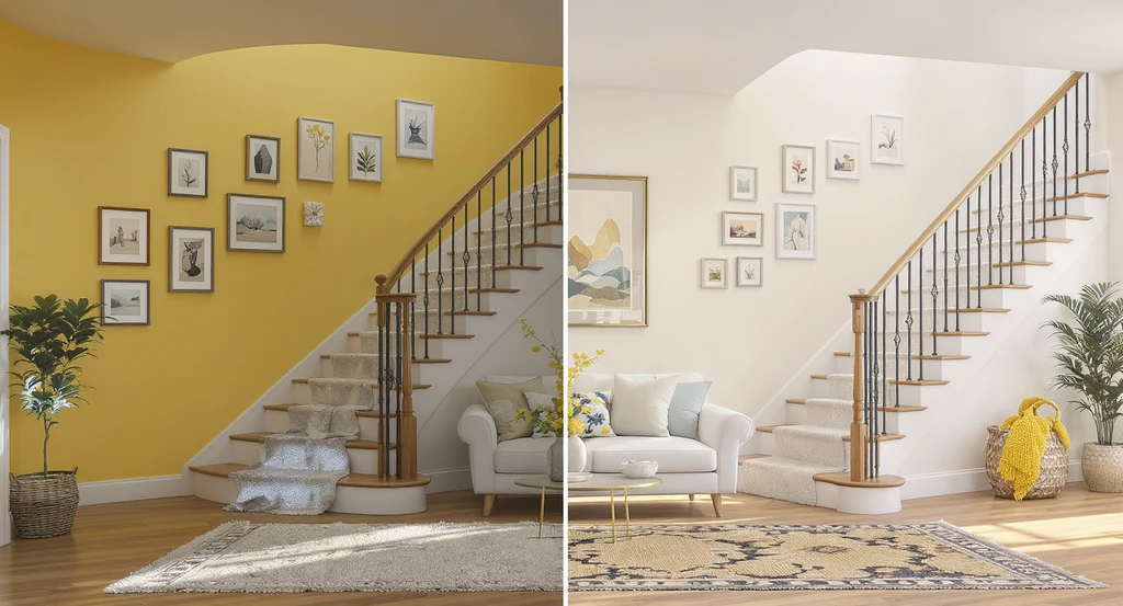Modern staircase with cluttered, mismatched wall decor and bright paint on one side, contrasted with balanced, corrected wall design using an AI interior design tool for awkward spaces.