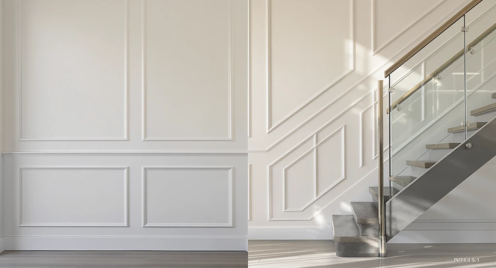 Realistic, side-by-side staircase wall comparison showing mismatched horizontal moldings versus angle-aligned, custom-cut paneling. Use ai interior design tool for awkward spaces and ai apps for room correction.