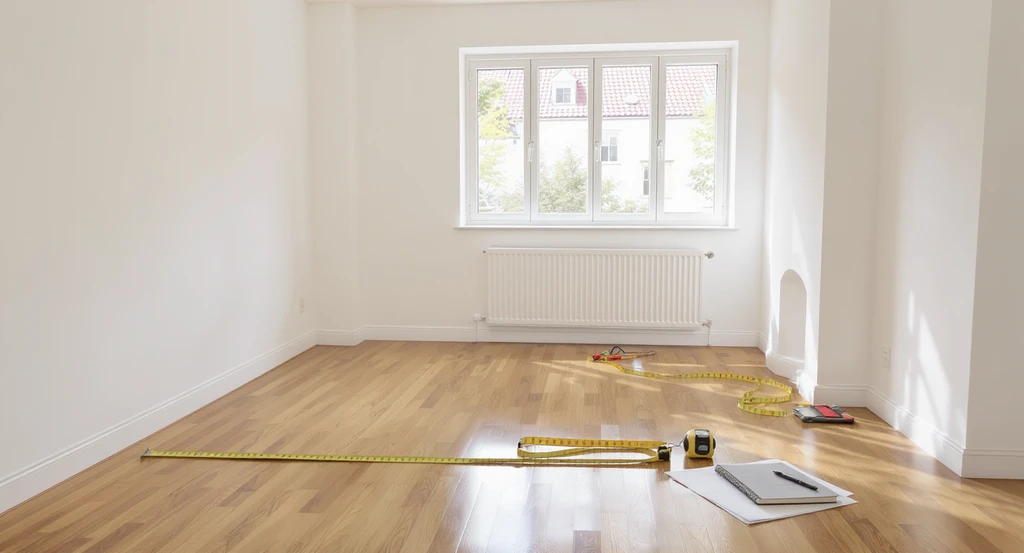 Empty living room showing how to plan a furniture layout, with measuring tape across the floor, notepad, laser measurer, and visible wall features.