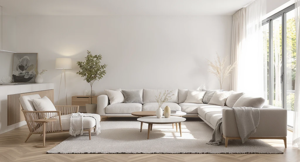 Spacious open-plan living room illustrating how to plan a furniture layout, with a sectional sofa, balanced zones, and practical tips for awkward room furniture placement.
