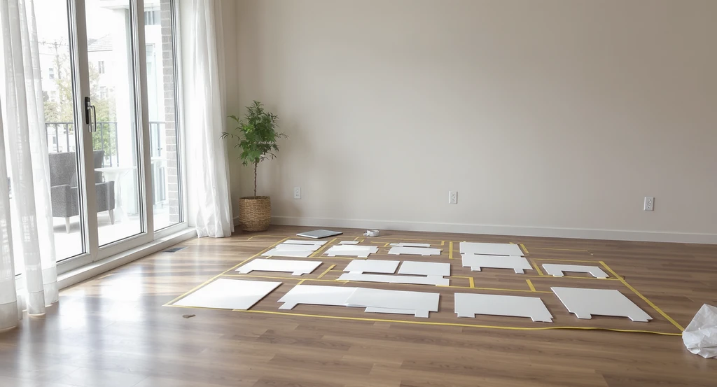 How to plan a furniture layout: empty living room with painter’s tape, paper cutouts, and a tablet planner, illustrating furniture arrangement tips.