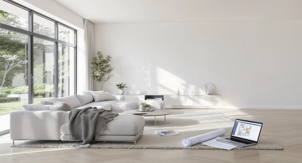 How to plan a furniture layout showing a partly furnished living room, digital layout tools, and tips for arranging furniture in open plan spaces.