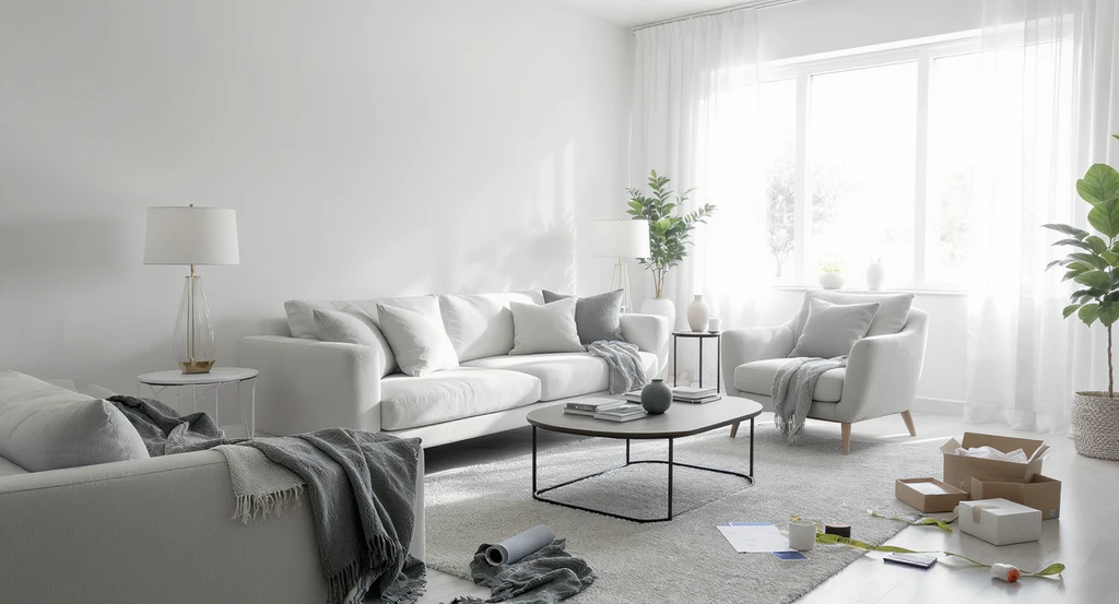 Ultra-realistic modern living room mid-makeover, showing furniture layout, paint color swatches, floor plans, and accessories for how to design a room from scratch and avoid renovation regret.