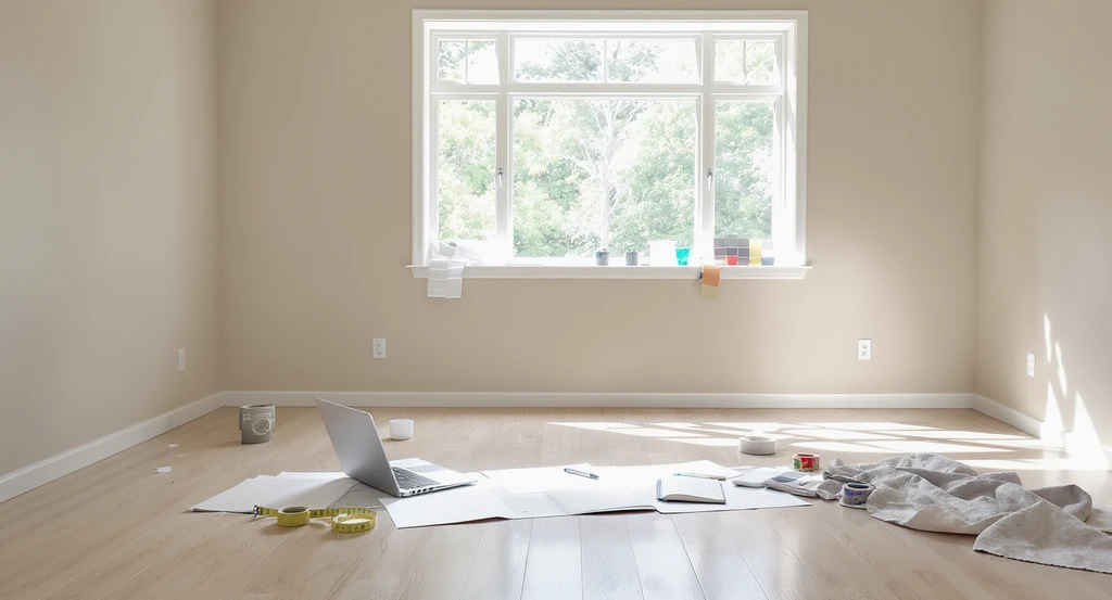 Spacious empty living room with freshly painted neutral walls, design sketches, paint swatches, and fabric samples—showing steps to avoid renovation regret while planning how to design a room from scratch.