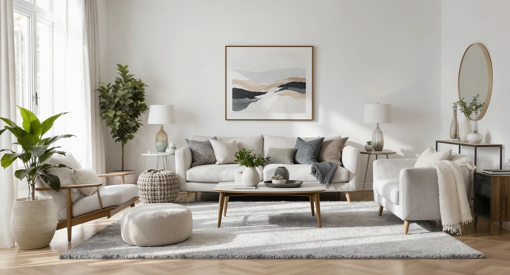 A sunlit living room displays the six-step process for how to design a room from scratch, highlighting steps to avoid renovation regret. Main and accent furniture, rolled curtains and rug, framed wall art, houseplants, and accessories are arranged in sequence, perfect for choosing paint colors and learning how to arrange furniture in an empty room.