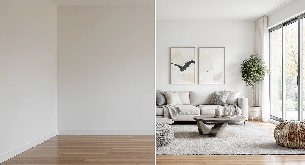 Photorealistic side-by-side of an empty living room and a fully designed version, illustrating how to design a room from scratch, avoid renovation regret, choose paint colors for living rooms, arrange furniture, and select accessories for a redesign.