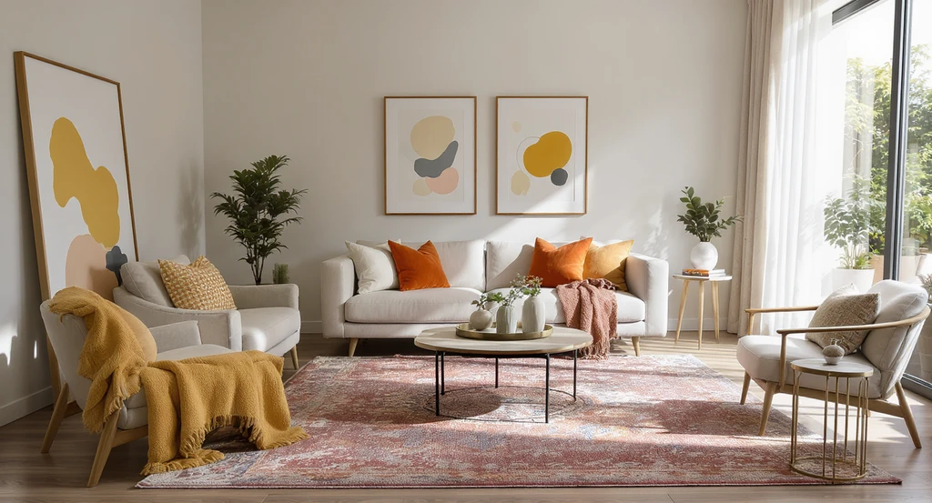 Modern living room staged step-by-step, illustrating how to design a room from scratch. Shows furniture arrangement, art, textiles, plants, and accessories to avoid renovation regret and perfect the space.