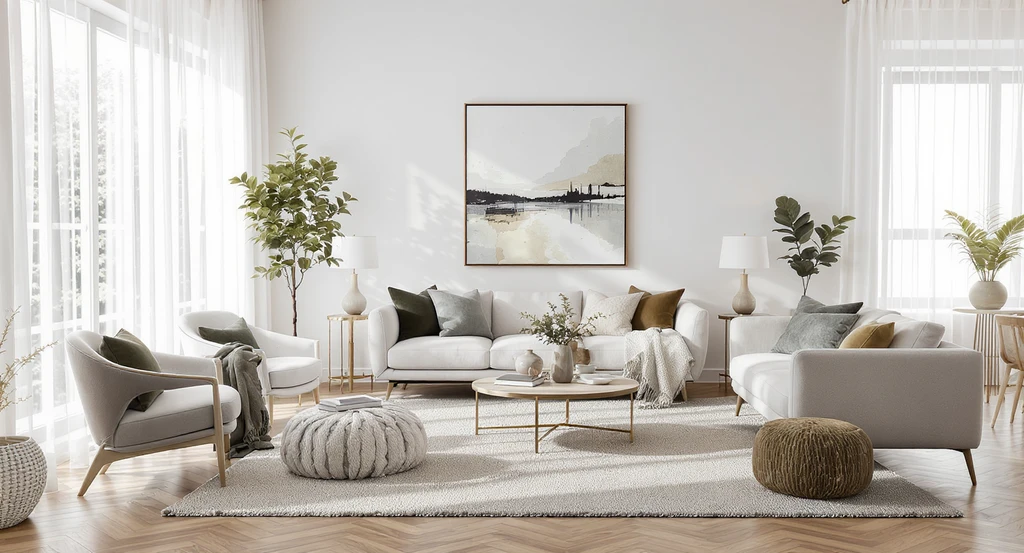 Steps to design a room from scratch: high curtains, large rug, furniture arrangement, wall art, plants, and accessories for a new living room.
