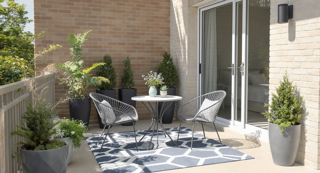 Photorealistic bedroom balcony professionally staged with a compact bistro set, privacy planters, and a well-sized rug, illustrating how to make sure furniture fits balcony, choosing the right rug size for balconies, privacy ideas for small bedroom balconies, and why furniture looks different at home versus store.