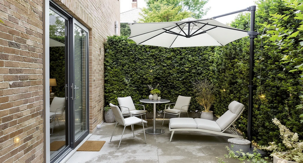 Photorealistic bedroom balcony with artificial boxwood hedges for privacy, a bistro set and double lounge fit neatly, clear walkway open—ideal for how to make sure furniture fits balcony, choosing the right rug size for balconies, privacy ideas for small bedroom balconies. String lights and a cantilever umbrella complete the staged, resort-style setup.