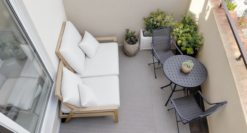 A small bedroom balcony shows how to make sure furniture fits balcony: a double chaise, bistro set, outdoor rug, privacy boxwoods, and umbrella in a compact, real-world layout.