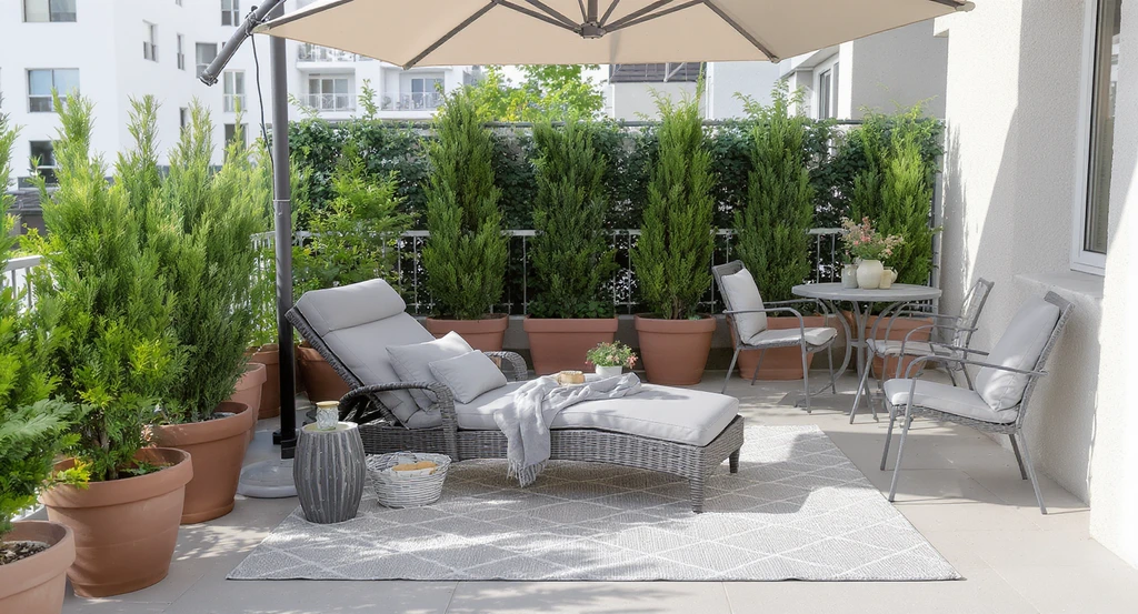 A realistic modern bedroom balcony features a double chaise lounge, ideal rug size for balconies, privacy hedges, and a cantilever umbrella, all arranged to demonstrate how to make sure furniture fits balcony spaces on a budget.