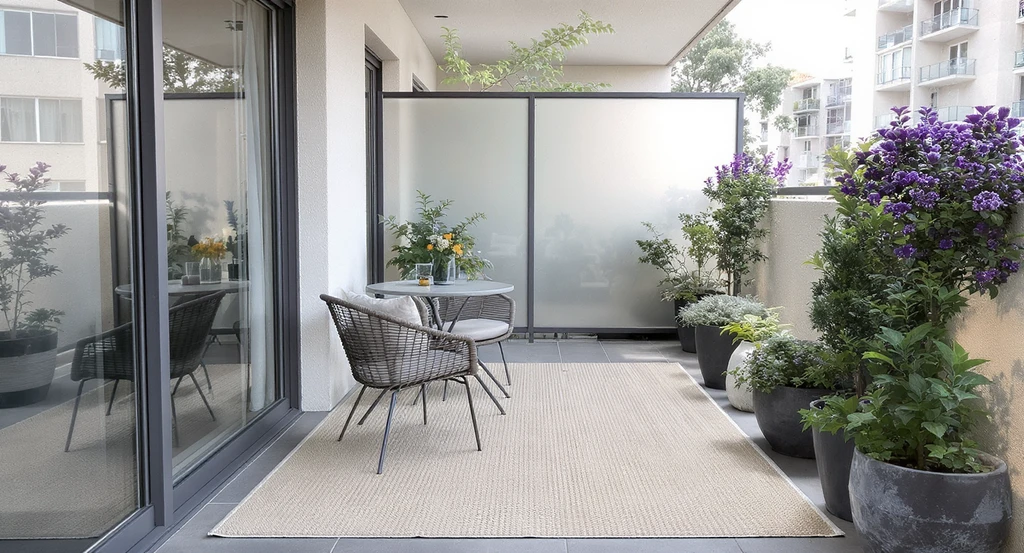 How to make sure furniture fits balcony—shows a staged, long bedroom balcony with a bistro set, a correctly sized rug, and privacy idea for small balconies.