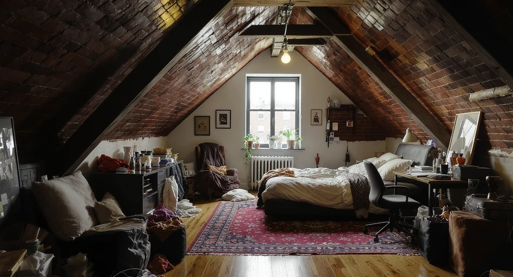 Photorealistic modern loft room with poor zoning, awkward furniture, clutter, and lighting issues, illustrating common ai loft design mistakes to avoid.