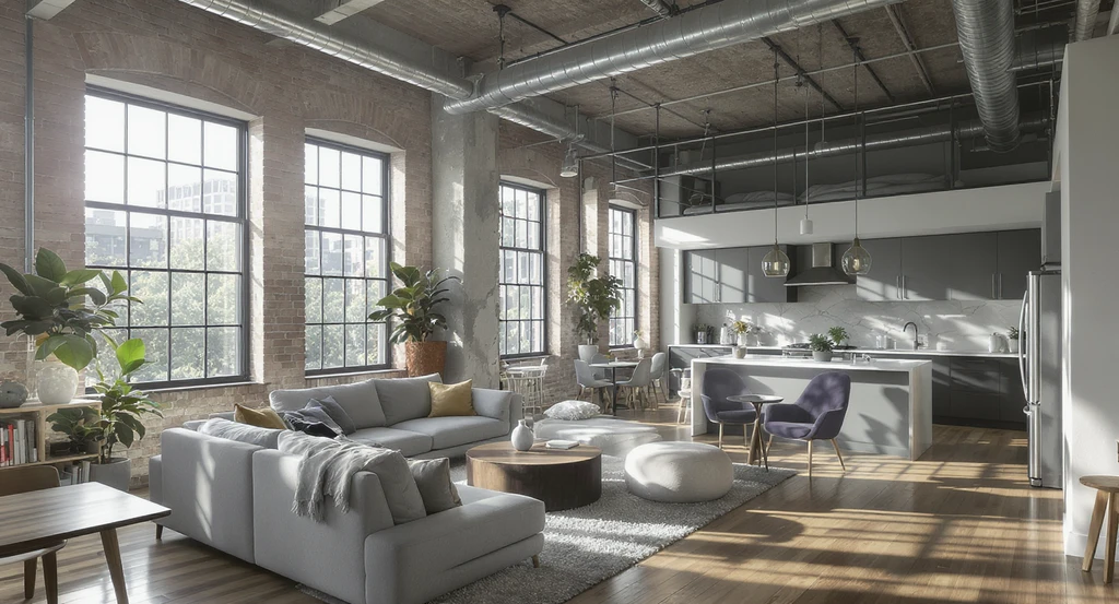 Photorealistic loft apartment with awkward furniture layout, blocked walkway, and poor window clearance, showing common ai home design mistakes for small lofts.