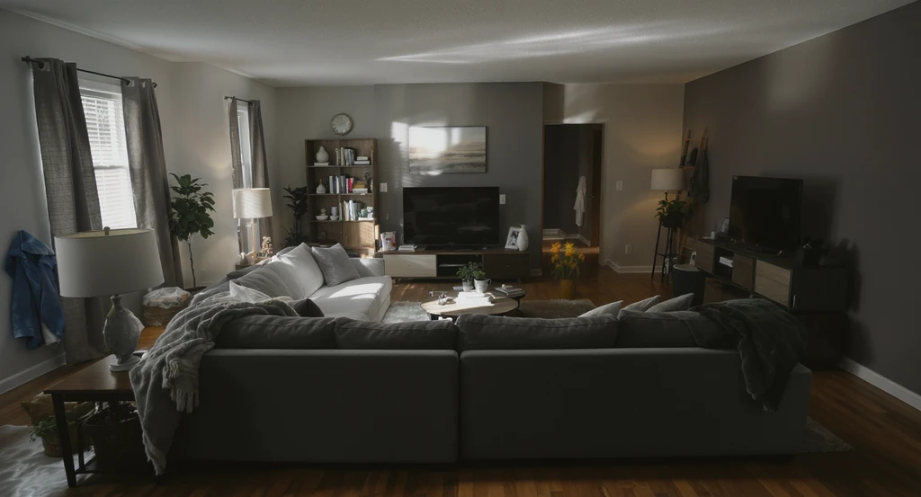 Editorial-style photo of a modern den with oversized sofa crowding walkways, wall-lined furniture, uneven lighting, and common den layout mistakes visible. AI den layout optimization tips, how AI visualizes den furniture placement, virtual staging AI for small dens, common den layout mistakes with AI solutions.