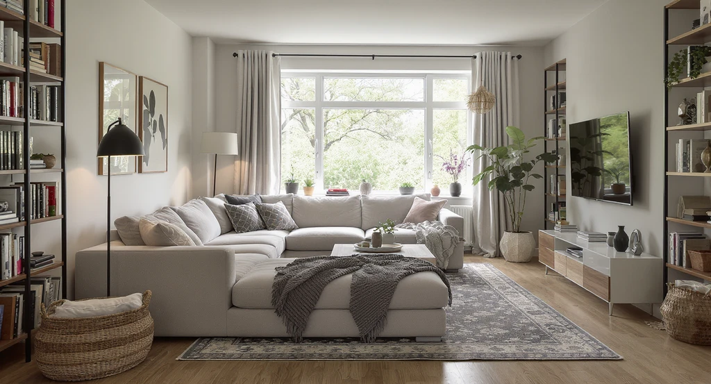 Photorealistic den with common layout mistakes highlighted by ai den layout optimization tips—misplaced furniture, poor lighting, and clutter—ideal for virtual staging ai for small dens.