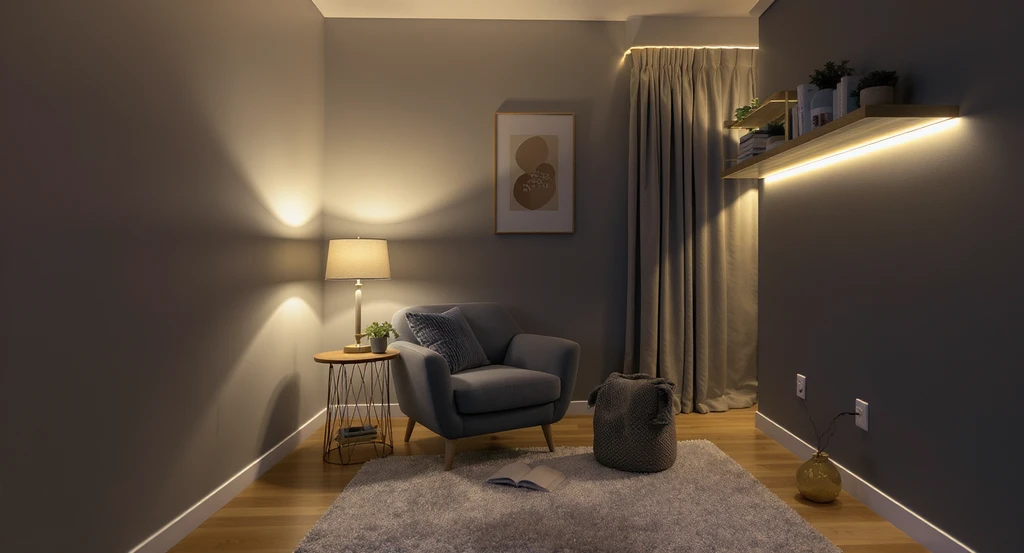 Photorealistic small den with AI-optimized layered lighting—ceiling, desk lamp, and LED strips—demonstrating ai den layout optimization tips for comfort.