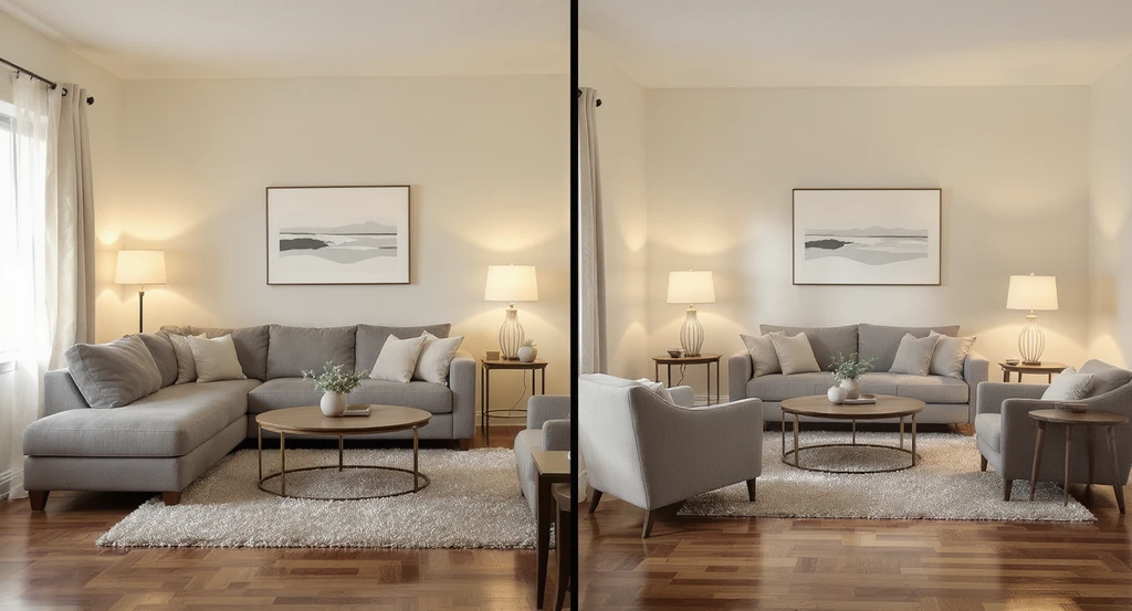 Den layout optimization AI tips illustrated: left shows overcrowded den with oversized sectional blocking walkways, right shows AI-visualized layout with compact furnishings, ideal walkway clearance, and optimized den furniture placement.