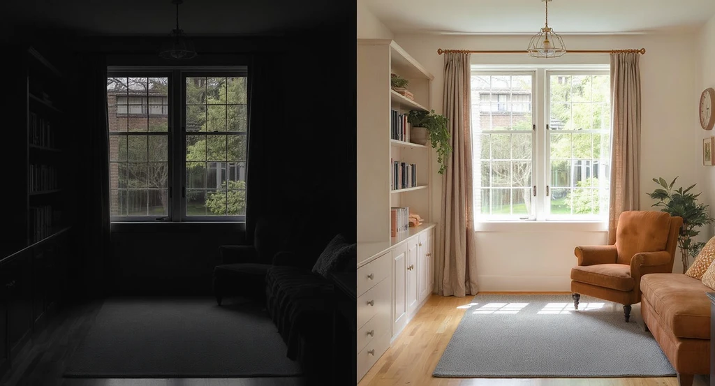 Split-view of a small den showing ai den layout optimization tips: left side blocked window with tall bookcases, right side uses low shelving below windowsill to maximize lighting—how ai visualizes den furniture placement, virtual staging ai for small dens, and ai tools for den lighting planning are demonstrated to correct common den layout mistakes with ai solutions.