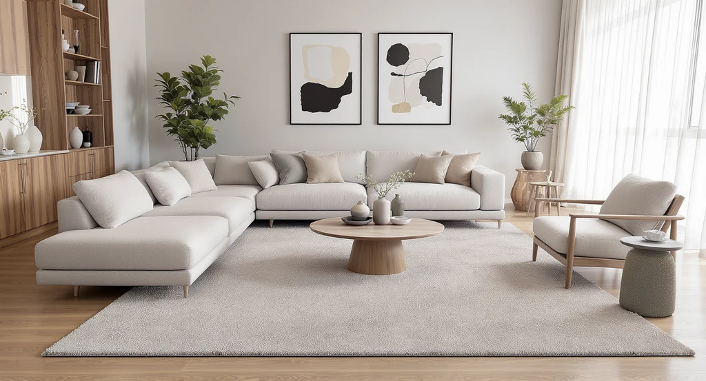 Photorealistic den showing ai den layout optimization tips with a floating sofa and chairs grouped on a central rug, illustrating common den layout mistakes and virtual staging ai solutions for furniture placement.