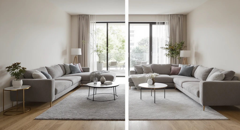 Photo-realistic living room split to display a sectional versus couch and loveseat layout. See how to visualize furniture placement and compare pros and cons for small spaces before buying. Editorial-quality, natural lighting, no people.