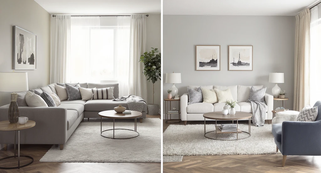 How to visualize sectional versus couch layout: A realistic living room shows a sectional on one side and a couch-loveseat setup on the other, illustrating furniture placement.