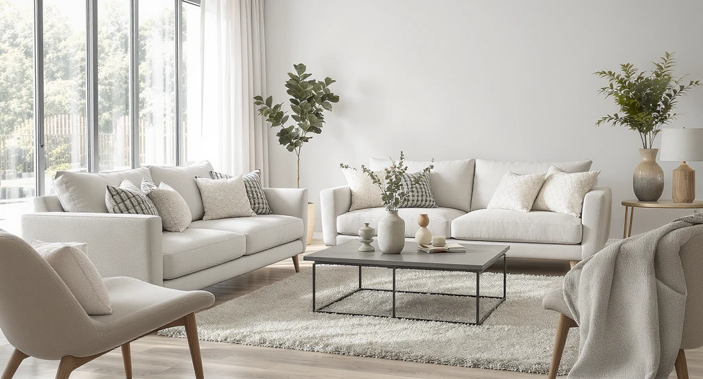 Photorealistic living room with a couch and loveseat setup, accented by matching chairs, illustrating how to visualize couch layout versus a sectional. Shows clear walkways and furniture placement for flexible, comfortable design. Ideal for those seeking interior design solutions before buying, including aphantasia living room furniture tools and pros and cons for small spaces.