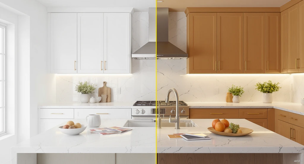 How to preview paint and decor choices in interior design: a split-view kitchen shows an all-white space versus one with rich colors, natural light, and virtual paint swatches displayed on a tablet.