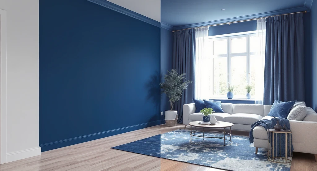 Modern living room with one bold blue accent wall contrasting neutral walls, illustrating interior design mistakes and previewing decor choices for better room flow.