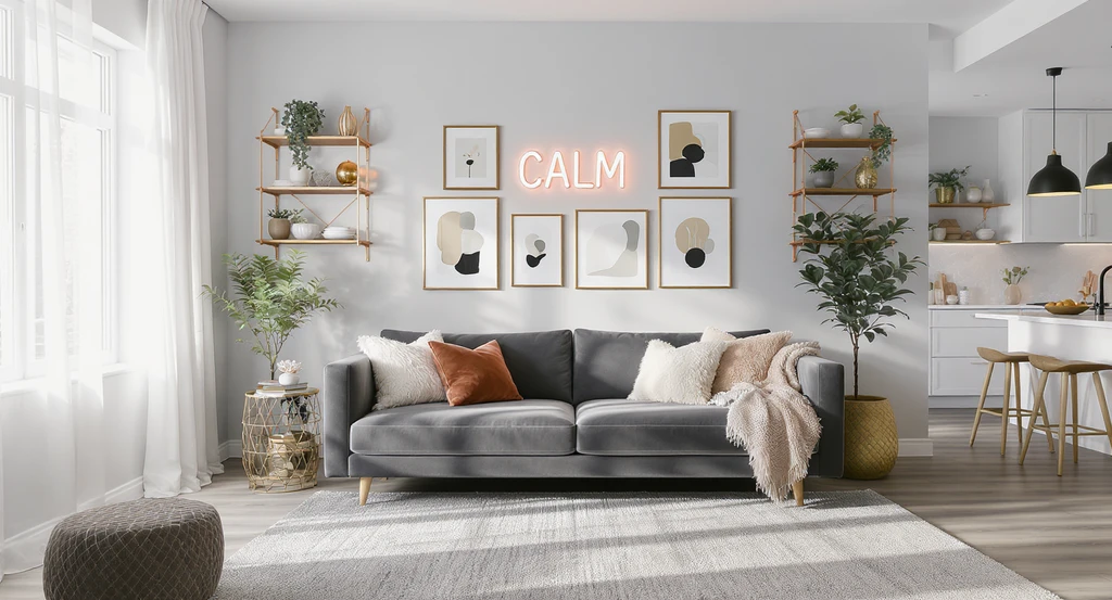 Modern living room showcasing interior design trends that may look outdated by 2029, ideal for visualizing how to preview paint and decor choices.