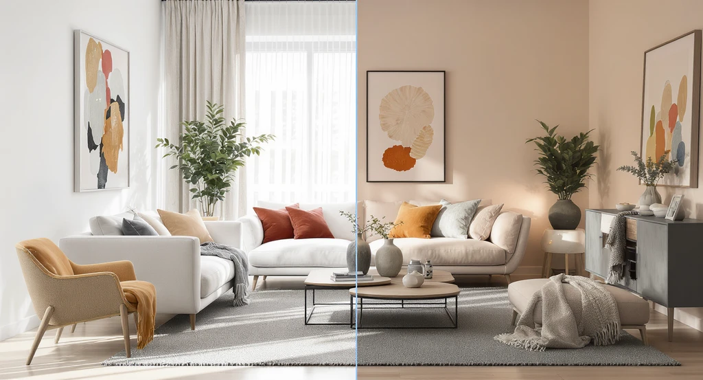 Photorealistic living room split between outdated all-white minimalist decor and a warmer, personal space, showing how to visualize interior design changes and avoid common layout mistakes when previewing paint and decor choices.