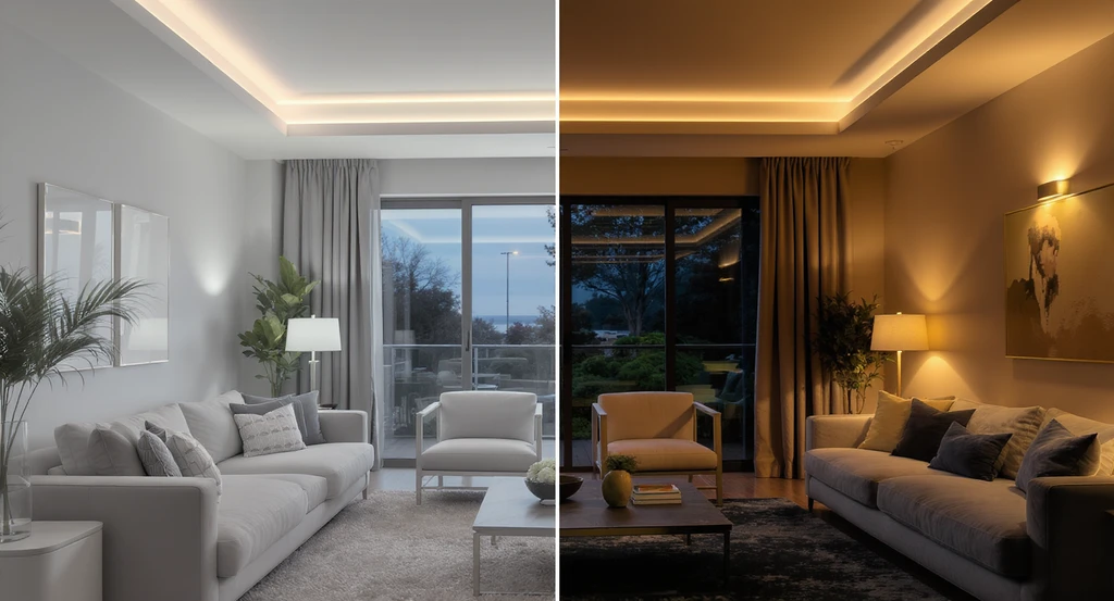 Photo illustrating a living room with harsh wafer lighting on one side and three-layer lighting—including ambient, task, and accent sources—on the other. Shows how to visualize lighting changes in interior design and avoid common room lighting mistakes.