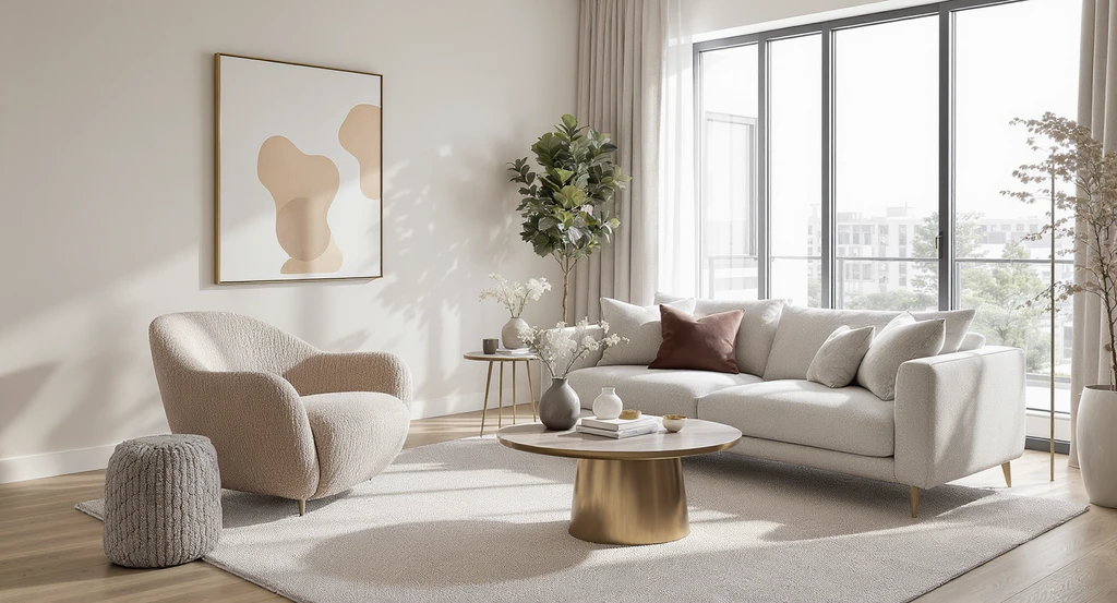 Editorial photo of a living room with one curved bouclé armchair and flat-weave sofa, maintaining 36 inch walkways to visualize interior design changes and layout balance.