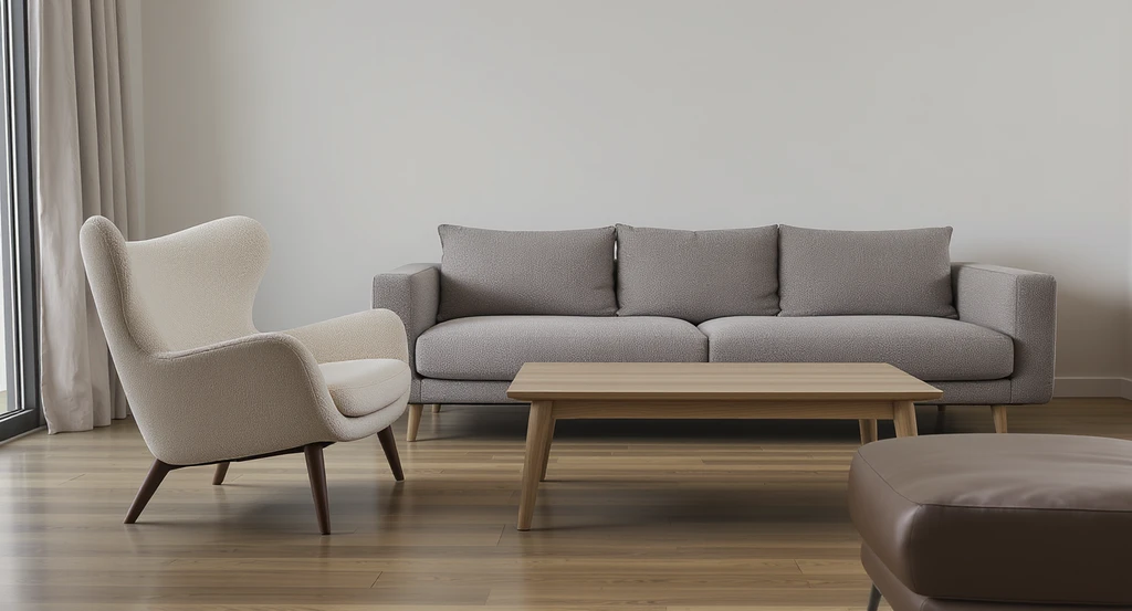 Modern living room with one modestly curved bouclé armchair, flat-woven sofa, balanced textures, and clear walkways—visualizing interior design changes.