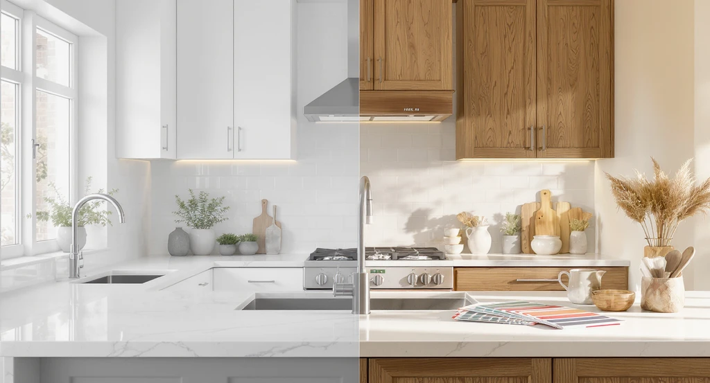 Ultra-realistic split kitchen scene illustrating the transition from all-white sterile design to layered color, with digital paint swatches showing how to visualize interior design changes—ideal for those seeking the best tools for visualizing room makeovers and interior design tips if you can’t picture it.