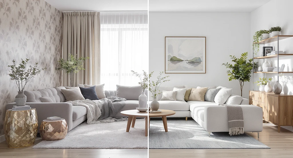 Highly realistic living room split between outdated and modern design trends, showing how to visualize interior design changes and room makeovers.