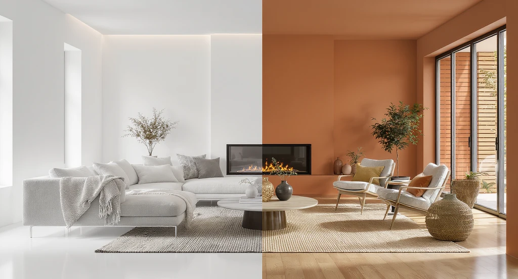 Photo-realistic living room split between a sterile all-white design with mass-produced furniture and a warm, personalized style, illustrating how to visualize interior design changes and providing interior design tips if you can’t picture it.