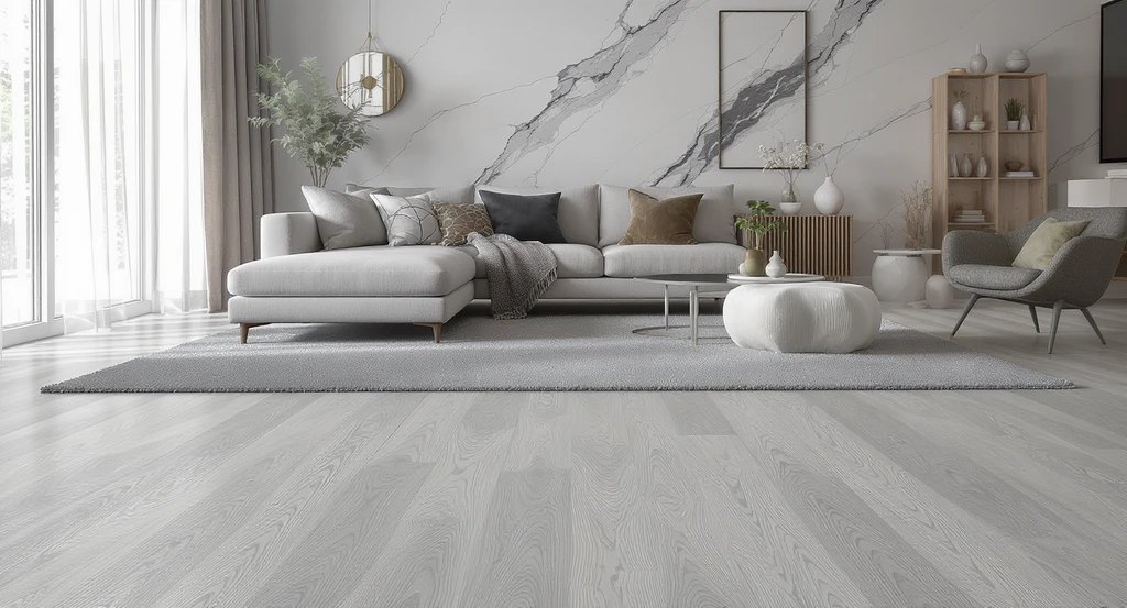 How to visualize interior design changes: a modern room with gray LVP floors, faux marble surfaces, and warm-toned rugs blending authentic materials.