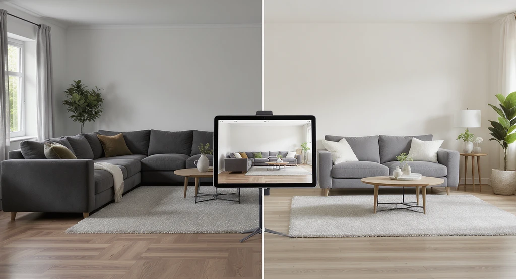 Modern living room showing poor furniture proportion in home staging, with a tablet displaying ai interior design for home buyers using virtual staging tools to visualize correct proportions and personalize home decor options.