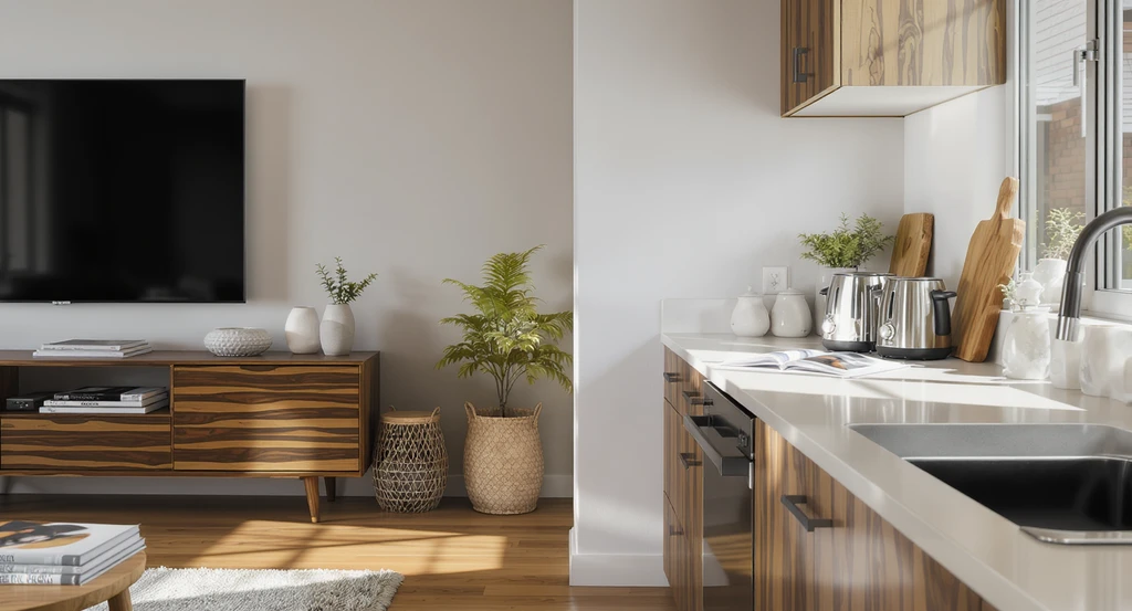 Photorealistic ai interior design for home buyers showing how ai visualizes home decor options and practical storage cues in a staged living space.