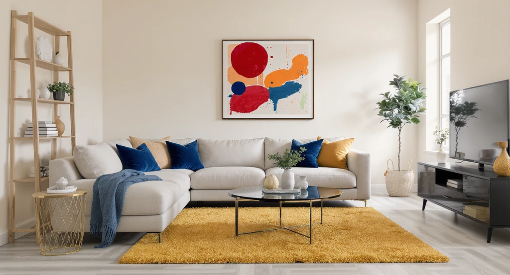 Photorealistic ai interior design for home buyers showing a neutral staged living room enhanced with colorful pillows, rug, and artwork as ai visualizes home decor options and personalizing ai home design recommendations to overcome lifeless atmospheres in virtual staging tools for real estate listings.