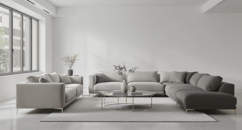 Photorealistic staged living room with neutral decor showing how ai interior design for home buyers and virtual staging tools can create bland, impersonal spaces.