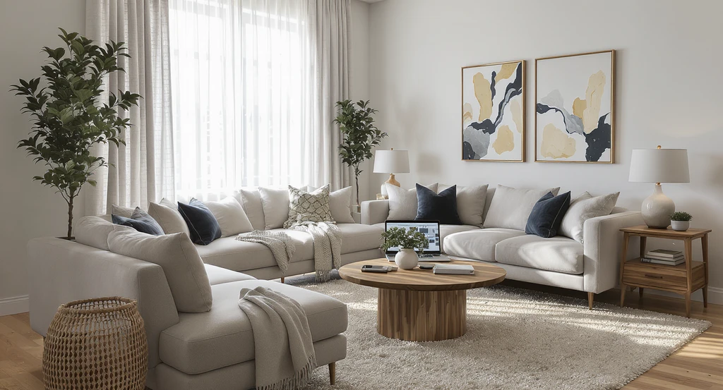 Modern staged living room with layout and decor mistakes, highlighting how ai interior design for home buyers and virtual staging tools help overcome visualization challenges and personalize recommendations.