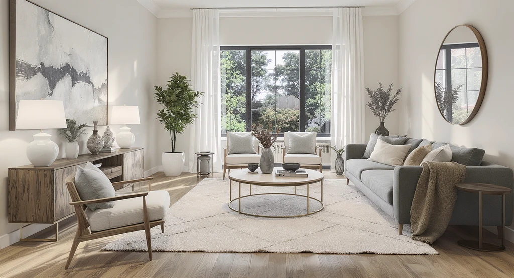 Open-plan living and dining area staged with clear 36-inch walkways, unobstructed furniture placement, and highlighted pathways using area rugs, demonstrating ai interior design for home buyers and how ai visualizes home decor options for improved layout flow.