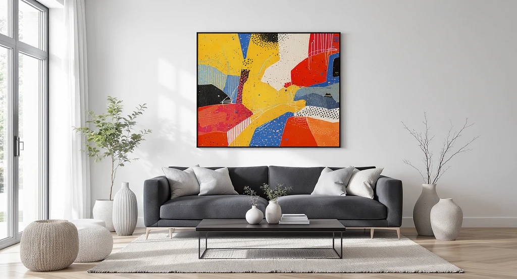 Photorealistic living room staged with vibrant abstract artwork above the sofa, demonstrating ai interior design for home buyers and virtual staging tools.