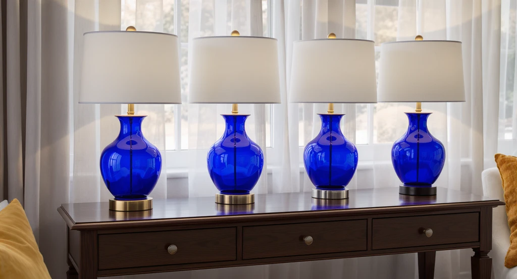 How to visualize metal finishes with cobalt blue glass: four blue glass lamps on a console, each with brass, copper, chrome, or black metal, comparing finishes.