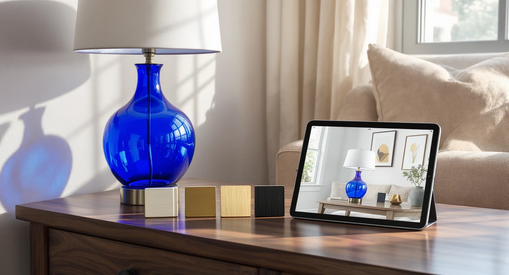 How to visualize metal finishes with cobalt blue glass using tools for imagining decor changes before buying, showing a blue glass lamp on a table surrounded by metal swatches and a tablet for comparing metal finishes for blue glass lamps and choosing hardware when you can’t picture it.
